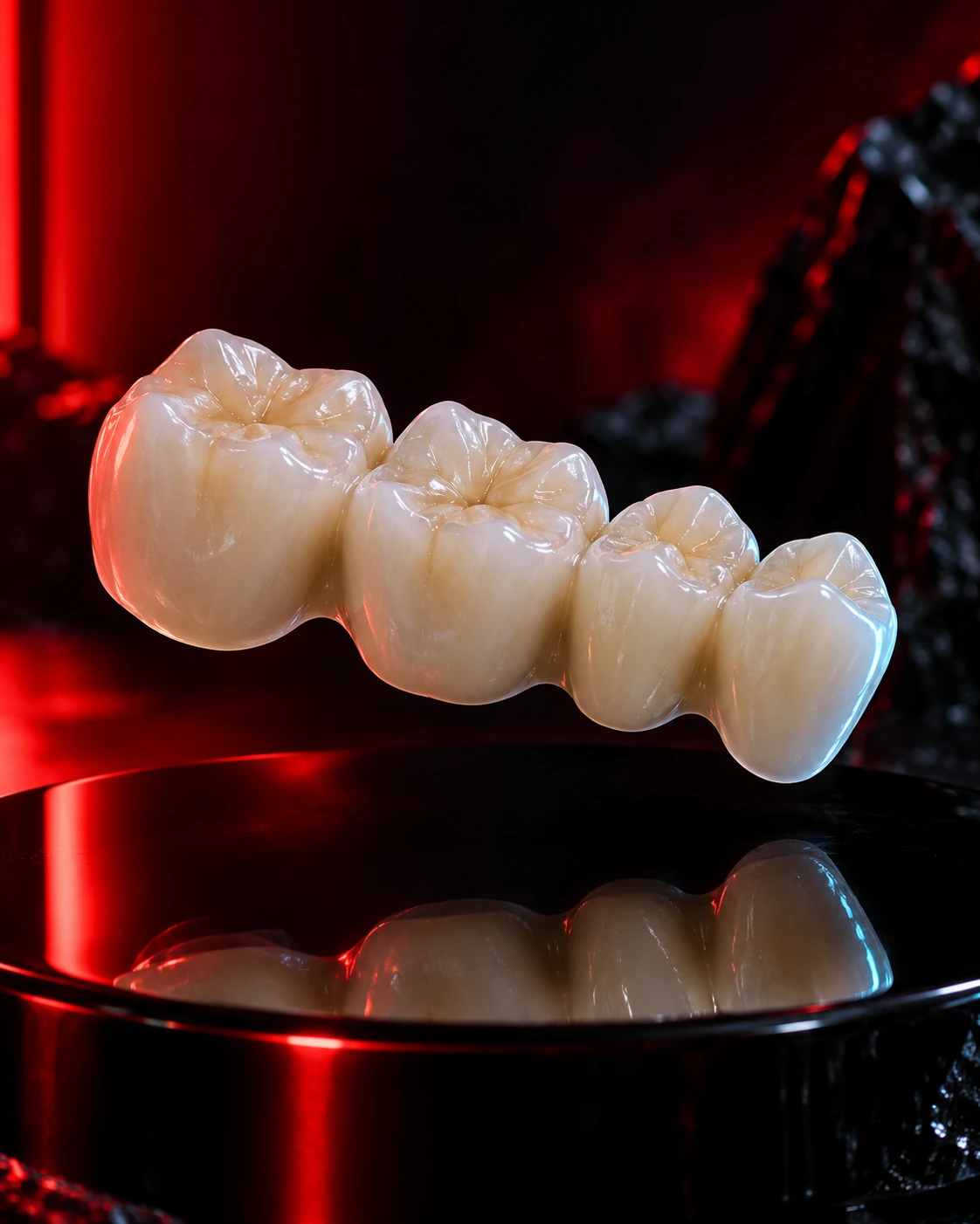 A connected ceramic dental bridge in a sculptural studio composition