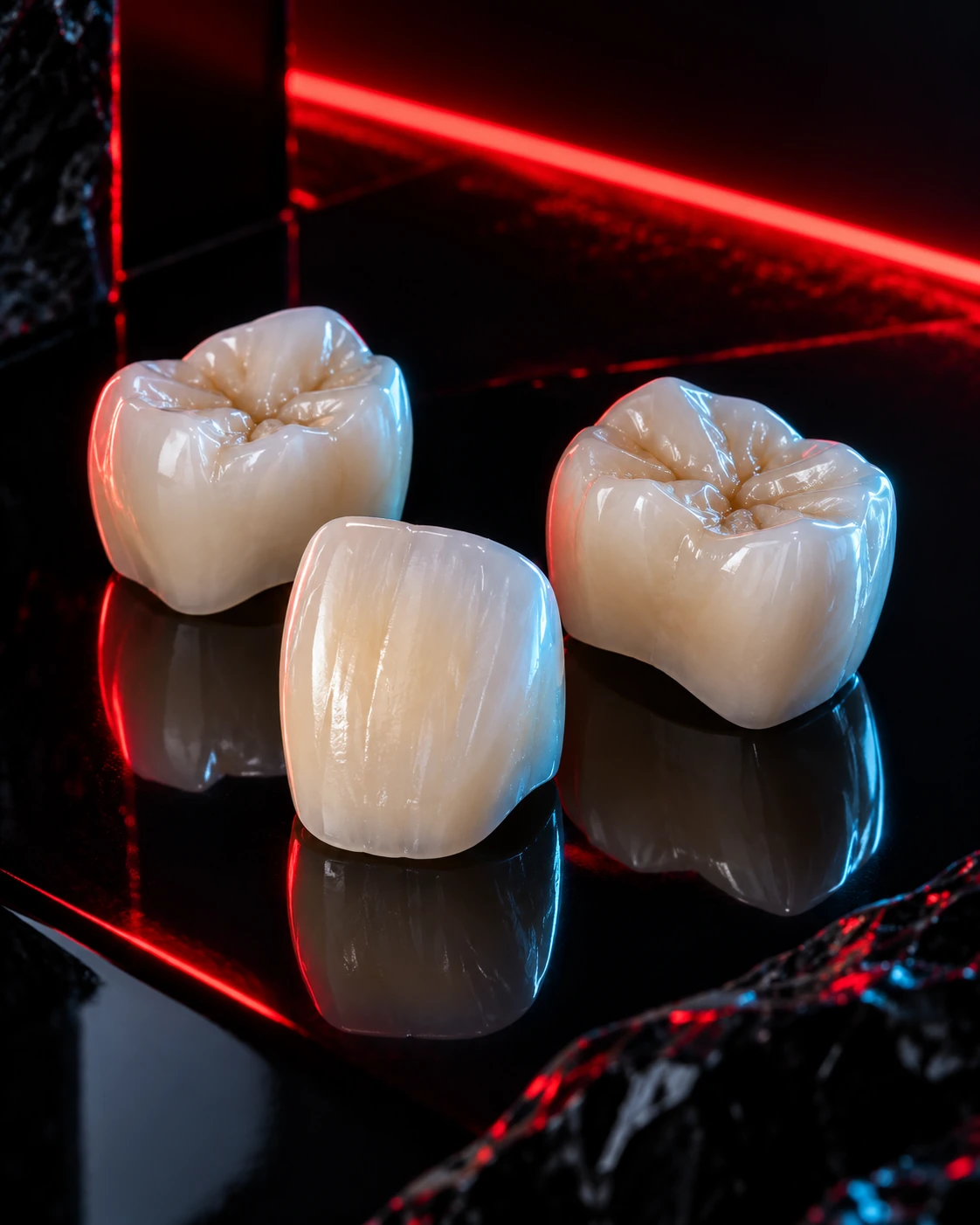 Natural ivory ceramic dental crowns with subtle translucency, photographed in red and cyan studio light